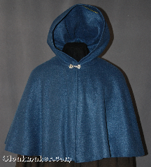 Cloak:2852, Cloak Style:Full Circle Short Cloak with Liripipe, Cloak Color:Slate Blue, Fiber / Weave:Fleece, Cloak Clasp:Alpine Knot - Silvertone, Hood Lining:Unlined, Back Length:22", Neck Length:21", Seasons:Spring, Fall, Southern Winter, Winter, Note:Perfect for covering up your shoulders<br>while waiting for the car to warm up,<br>this light-weight fleece short cloak is<br>versatile and easy to maintain.<br>It is machine washable and features a<br>silver-tone Alpine Knot clasp..