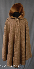 Cloak:2854, Cloak Style:Shaped Shoulder Cloak, Cloak Color:Heathered Golden Brown Twill, Fiber / Weave:100% Wool, Cloak Clasp:Vale, Hood Lining:Faux amber suede, Back Length:40", Neck Length:21", Seasons:Spring, Fall, Note:This gorgeous Striped Wool is lightweight<br>and with a hood lined in a soft faux suede.<br>Short enough to allow for daily<br>activities with unhindered arms.<br>Dry Clean Only.