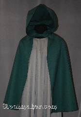 Cloak:2864, Cloak Style:True Half Circle Hobbit Style<br>Cloak with Liripipe, Cloak Color:Green, Fiber / Weave:100% Wool, Cloak Clasp:Snap Button, Hood Lining:Unlined, Back Length:32", Neck Length:17", Seasons:Spring, Fall, Note:Going on an adventure?<br>This lightweight cloak allows for<br> running and hiking with an open<br>front to display armor or garments.<br>Perfect for a kid sized ranger or<br> child's hobbit cloak.<br>Shown with Robe R275.<br>Dry clean only..