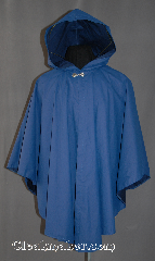 Cloak:2869, Cloak Style:Cape / Ruana, Cloak Color:Navy Blue, Cloak Clasp:Alpine Knot - Silvertone, Hood Lining:Self-lining, Back Length:38", Neck Length:22", Seasons:Spring, Fall, Note:This cloak provides elegant and rugged<br>water proof rain wear, perfect for<br>woodland hiking. It is a light weight<br>Ruana cloak with shortened sides<br>for ease of use, and<br>silver-tone Alpine hook and eye clasp.<br>Spot clean, line dry..