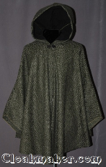 Cloak:2949, Cloak Style:Shaped Shoulder Ruana Cloak<br>(Ranger's Apprentice), Cloak Color:Green and Black Chevron, Fiber / Weave:80% Wool / 20% Nylon, Cloak Clasp:Vale (black enamel), Hood Lining:Black Cotton, Back Length:36", Neck Length:21", Seasons:Fall, Spring, Southern Winter, Note:Become invisible in the<br>dense forests of Araluen.<br>With this mid length green and<br>black chevron ruana cloak.<br>The pride of any Ranger's Apprentice.<br>Short enough for scouting and hiking<br>but long enough to hide from enemies.<br>Dry clean only.