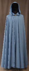 Cloak:3032, Cloak Style:Full Circle Cloak, Cloak Color:Light Blue, Fiber / Weave:80% Wool / 20% Gabardine, Cloak Clasp:Vale, Hood Lining:Unlined, Back Length:54", Neck Length:20.5", Seasons:Fall, Spring, Note:This light blue wool gabardine<br>full circle cloak is lightweight<br>and has a dramatic swoosh/drape<br>perfect for cool evenings.<br>Accented with a silvertone Vale<br>hook-and-eye clasp,<br>Dry Clean only..
