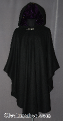 Cloak:3033, Cloak Style:Ruana, Cloak Color:Black, Fiber / Weave:80% Wool / 20% Nylon, Cloak Clasp:Gothic Heart, Hood Lining:Purple Velvet, Back Length:48", Neck Length:19", Seasons:Fall, Southern Winter, Winter, Note:This black ruana cloak with a<br>royal purple velvet lining.<br>Made of mid-weight with shortened<br>sides allowing for a a wide range<br>of movement.<br>Perfect for driving on cold days.<br>Accented with a Silver tone<br>Gothic heart hook-and-eye clasp.<br>Dry Clean only..