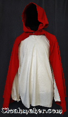 Cloak:3063, Cloak Style:True Half Circle, youth, Cloak Color:Red, Fiber / Weave:80% Wool / 20%, Cloak Clasp:Modern Hook and Eye<br>hidden, Hood Lining:Unlined, Back Length:31", Neck Length:18", Seasons:Fall, Spring, Note:Perfect Starter cloak for a child.<br>This lightweight red cloak<br>allows for running and hiking<br>with an open front to display<br>Armour or garments..