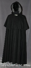 Cloak:3068, Cloak Style:Double Mantle Coachman / Highwayman / Statesman, Cloak Color:Black, Fiber / Weave:80% Wool / 20% Nylon, Cloak Clasp:Triple Medallion, Hood Lining:Grey Flocked faux suede, Back Length:55"<br>22" mantle, Neck Length:22", Seasons:Winter, Fall, Spring, Note:A black highwayman cloak<br>with two layers for warmth.<br>Made of a broken twill blend<br>wool you will be warm for<br>any event or daily activity.<br>Accented with a flocked<br>faux suede hood lining and<br>triple medallion hook and eye clasp.<br>Dry clean only..