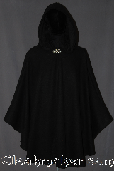 Cloak:3074, Cloak Style:Ruana, Cloak Color:Black, Fiber / Weave:80% Wool / 20%, Cloak Clasp:Vale, Hood Lining:Unlined, Back Length:34", Neck Length:20", Seasons:Fall, Spring, Southern Winter, Note:Made of a black broken twill<br>blend wool you will be warm<br>for any event or daily activity.<br>Accented with a vale<br>hook and eye clasp.<br>Dry clean only..