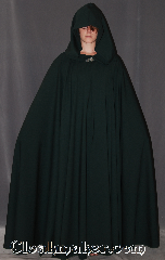 Cloak:3076, Cloak Style:Full Circle Cloak, Cloak Color:Green, Fiber / Weave:Wool lycra suiting, Cloak Clasp:Vale, Hood Lining:Unlined, Back Length:55", Neck Length:23.5", Seasons:Fall, Spring, Note:A flowing hunter green lightweight cloak<br>adorned with a silvertone Vale<br>hook and eye clasp.<br>Made from tropical / worsted wool<br>dry clean or hand wash line dry.