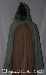 Cloak:3088, Cloak Style:Hobbit Style Cloak, Cloak Color:Green, Fiber / Weave:Wool Blend, Cloak Clasp:Snap Button, Hood Lining:Unlined, Back Length:36", Neck Length:23", Seasons:Fall, Spring, Note:Going on an adventure?<br>This lightweight cloak allows for<br>running and hiking with a open front.<br>Dry clean only.<br>Apprentice made.