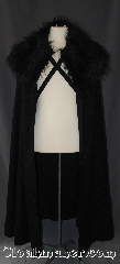 Cloak:3097, Cloak Style:Half Circle Cloak<br>Game of Thrones, Cloak Color:Black, Fiber / Weave:Wool Blend / Fake Fur, Cloak Clasp:Ties, Hood Lining:N/A, Back Length:53", Neck Length:21.5", Seasons:Fall, Spring, Note:"Night gathers, and<br>now my watch begins."<br>Based on Game of Thrones'<br>John Snow Night's Watch cloak<br>with dual adjustable fabric ties<br>and a faux fur mantle.<br>The cloak is made of a lightweight<br>ribbed wool suiting<br>with a manly drape.<br>Spot or dry clean only.