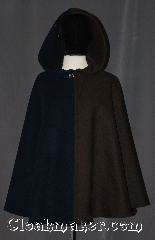 Cloak:3108, Cloak Style:Shaped Shoulder Parti Cloak, Cloak Color:Blue Brown Heather, Fiber / Weave:Wool Blend, Cloak Clasp:Hidden Hook & Eye, Hood Lining:Unlined, Back Length:30", Neck Length:21", Seasons:Fall, Spring, Southern Winter, Note:A classic parti-coloured is a<br>cloak made of two contrasting fabrics,<br>one on each side.<br>Especially popular at the English<br>mid-century court, this eye-catching<br>cloak  is a soft and warm garment<br>for any occasion.<br>Dry or spot clean only..