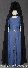 Cloak:3117, Cloak Style:True half circle, Cloak Color:Navy Blue, Fiber / Weave:100% Wool, Cloak Clasp:Bronze shield button, Hood Lining:Unlined, Back Length:53", Neck Length:22", Seasons:Fall, Spring, Note:Show your costume off in style. <br>This lightweight cloak allows for<br>running and hiking with a open front.<br>Shown with Gown G925 and #BT0033BZ-ST.<br>Dry clean only..