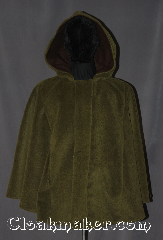 Cloak:3152, Cloak Style:Shaped Shoulder Short Cloak<br>with arm slits and pockets, Cloak Color:Army Green, Fiber / Weave:100% Felted Wool, Cloak Clasp:Snap Button, Hood Lining:Mottled Brown Cotton, Back Length:28", Neck Length:23", Seasons:Fall, Spring, Southern Winter, Winter, Note:This new unique designed<br>short fitted cloak<br>is made from 100% felted wool<br>with a cotton hood lining.<br>Featuring a button down<br>stylized overlapping front,<br>two front pockets,<br>and arm slits for easy arm mobility.<br>Spot or dry clean only.