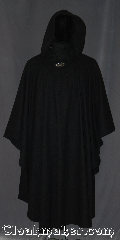 Cloak:3191, Cloak Style:Ruana pullover Cloak, Cloak Color:Black, Fiber / Weave:Wool Blend, Cloak Clasp:Vale, Hood Lining:Unlined, Back Length:49.5"<br>28" overarm, Neck Length:25.5", Seasons:Fall, Spring, Note:This closed front wool ruana cloak is the<br>perfect accessory for any event.<br>Made of a classic feel wool blend<br>with a pullover style cut.<br>Makes a great driving cloak with<br>shorter sides for easy arm mobility.<br>Due to the dying process for this wool<br>we recommend you do not wear<br>this cloak with light colored  clothing.<br>Machine washable tumble dry low.