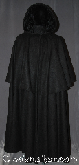 Cloak:3205, Cloak Style:Full Circle Cloak w/Mantle victorian, Cloak Color:Black, Fiber / Weave:Wool Blend, Cloak Clasp:TBD, Hood Lining:Black Crushed Velvet, Back Length:54" back<br>26" mantle, Neck Length:22", Seasons:Winter, Southern Winter, Fall, Spring, Note:This Victorian full circle cloak<br>is designed with a 26" mantle<br>and black velvet lined hood<br>t heavy cloak is versatile enough<br>to be used for the fantastical<br>to everyday, as it keeps you warm and drapes elegantly<br>over any clothing with a<br>dramatic swoosh when needed.<br>Dry clean only..