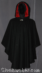 Cloak:3233, Cloak Style:Ruana, Cloak Color:Black, Fiber / Weave:100% Wool, Cloak Clasp:Vale, Hood Lining:Valentine red velveteen, Back Length:41" back<br>26" overarm, Neck Length:22", Seasons:Fall, Southern Winter, Winter, Note:This black ruana cloak with a<br>Valentine red velveteen lining.<br>Made of mid-weight with shortened<br>sides allowing for a a wide range<br>of movement.<br>Perfect for driving on cold winter days.<br>Accented with a Silver tone<br>vale hook-and-eye clasp.<br>Dry Clean only..