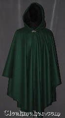 Cloak:3241, Cloak Style:Ruana, Cloak Color:Hunter / Dartmouth Green, Fiber / Weave:Wool Blend, Cloak Clasp:Vale, Hood Lining:Black Cotton Velveteen, Back Length:47" Back<br>30" overarm, Neck Length:21", Seasons:Winter, Southern Winter, Fall, Spring, Note:Made of a hunter green wool blend, <br>this gorgeous ruana cloak lined<br>with black velveteen for warmth and stability.<br>A cross between a cape and a cloak,<br>a ruana is a great way to keep warm<br>while frequent, unhindered use of<br>your arms is needed.<br>The sides  reach with an overarm of 30"<br>and is adorned with a silvertone vale<br>hook-and-eye clasp.<br>Spot or dry clean only..