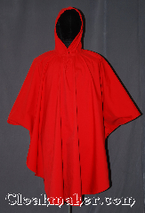 Cloak:3277, Cloak Style:Ruana Pullover Cloak, Cloak Color:Red Outside, Black Inside, Fiber / Weave:Power Shield / Polyester, Cloak Clasp:Snap Button, Hood Lining:Doubled sided fabric with<br> fleece finish on the inside, Back Length:41" back<br>28" overarm, Neck Length:22", Seasons:Fall, Spring, Note:Waterproof and warm for fall or<br>spring events with wet weather.<br>Designed for maximum protection<br>with a closed front,<br>3 part storm hood, and<br>snap closures at the wrist.<br>The doubled sided fabric with<br> fleece finish on the inside<br>and red waterproof outside<br>is machine washable..