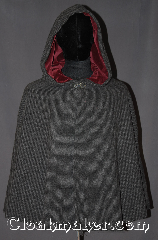 Cloak:3284, Cloak Style:Shaped Shoulder Cloak - Short, Cloak Color:Two tone Grey woven, Fiber / Weave:100% Lambs Wool, Cloak Clasp:Vale, Hood Lining:Burgundy Cotton Velveteen, Back Length:29", Neck Length:22", Seasons:Spring, Fall, Note:A super soft two tone grey<br>100% lambs wool weave<br>short shape shoulder cloak is the<br>perfect starter cloak for any age.<br>Short enough for a child<br>to play and grow with while allowing<br>an adult ease of arm use during<br>everyday activities.<br>The soft Burgundy cotton velvet<br>hood lining and pewter vale clasp<br>adds a touch of elegance with added<br>warmth and security.<br>Spot or dryclean only..