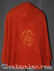 Cloak:3318, Cloak Style:Shaped Shoulder, Cloak Color:Burnt umber, Fiber / Weave:Polyester Fleece, Cloak Clasp:Vale - Goldtone, Hood Lining:Unlined, Back Length:31", Neck Length:21.5", Seasons:Fall, Spring, Note:"Never laugh at live dragons."<br>? J.R.R. Tolkien<br>This joyful cloak brings out your inner<br>dragon with a embroidered<br>European style dragon in<br>gold tones in the back<br>Lightweight and easy care,<br>this rust/burnt umber shape shoulder<br>is a great piece of fall/spring outerwear.<br>Made  with fluffy polyester fleece,<br>This unlined cloak makes a great accessory<br>for everyday wear, LARP or Renaissance Fair.<br>The cloak is machine washable, so throw it on<br>whenever you need some extra warmth..