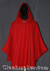 Cloak:3321, Cloak Style:Shaped Shoulder Ruana Cloak, Cloak Color:Red, Fiber / Weave:100% Wool, Cloak Clasp:Vale, Hood Lining:Unlined, Back Length:36", Neck Length:20", Seasons:Winter, Note:A fantasy red shape shoulder ruana cloak<br>made of a soft bright red 100% wool<br>with a vale  pewter clasp<br>An elegant cross between a cape<br>and a cloak, a ruana is a great way<br>to keep warm while frequent,<br>unhindered use of your arms is needed.<br>Ruanas make great driving cloaks!<br>Spot or dry clean only..
