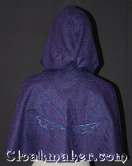 Cloak:3339, Cloak Style:Shaped Shoulder-Short, Cloak Color:Purple heathered<br>Embroidered Fairy wings, Fiber / Weave:Wool Blend, Cloak Clasp:Antiquity, Hood Lining:Unlined, Back Length:15.5", Neck Length:19", Seasons:Fall, Spring, Summer, Note:"It is frightfully difficult to know much<br>about the fairies, and almost the only<br>thing for certain is that there are fairies<br>wherever there are children." - J.M. Barrie<br>Your child will love this magical catching<br>embroidered shape shoulder capelet.<br>A fun and dramatic wool blend<br>purple heathered cloak<br>is decorated with purple and blue<br>fairy wings<br>and a antique silver-tone<br>antiquity hook-and-eye clasp.<br>For a little magic in your day.<br>Dry Clean Only..