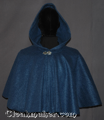 Cloak:3340, Cloak Style:Full Circle Cloak Short, Cloak Color:Steel Blue, Fiber / Weave:100% Polyester Economy Fleece, Cloak Clasp:Vale, Hood Lining:Unlined, Back Length:19.5", Neck Length:22.5", Seasons:Fall, Spring, Note:Easy care this full circle short blue cloak<br>is the perfect starter cloak for youth or adult<br> Made of midweight machine washable<br>economy fleece that provides a<br>lightweight warmth.<br>Suitable for  late spring, early fall<br>or cool summer evenings.<br>You can even wrap up in it to watch TV..