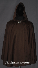 Cloak:3347, Cloak Style:Full Circle Cloak Short, Cloak Color:Chocolate Brown, Fiber / Weave:Cotton lycra sateen, Cloak Clasp:Vale, Hood Lining:Unlined, Back Length:35", Neck Length:21.5", Seasons:Fall, Spring, Note:Lightweight and easy care, in a<br>dark milk chocolate brown,<br>this full mid length circle cloak<br>is a great piece of spring outerwear.<br>Made with a no fuss cotton lycra sateen<br>this unlined cloak makes a great accessory for<br>everyday wear, LARP or Renaissance Fair.<br>The cloak is machine washable, so throw it on<br>whenever you need some extra warmth..