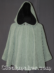 Cloak:3349, Cloak Style:Shaped Shoulder-Short, Cloak Color:Black, Summer mint green, Fiber / Weave:Windblock Polar Fleece, Cloak Clasp:Vale, Hood Lining:Doubled sided fabric with<br> black interior, Back Length:29", Neck Length:21", Seasons:Winter, Southern Winter, Fall, Spring, Note:A one of a kind shape shoulder cloak<br>made from the warmest fabric you can find.<br>Designed to block cold winter winds<br>and resist water.<br>This fleece is two tone<br>discontinued color combination of<br>summer green on the outside and<br>black on the inside<br>for that added pop of color.<br>Machine washable NEVER DRY CLEAN..