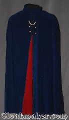 Cloak:3357, Cloak Style:Shaped Shoulder Cloak<br>Nurse's cape/ Wirt cape, Cloak Color:Blue, Fiber / Weave:Windblock Polar Fleece<br>Red interior, Cloak Clasp:Hidden Hook & Eye<br>with chain in front, Hood Lining:None<br>Collar Red interior, Back Length:41", Neck Length:21", Seasons:Winter, Southern Winter, Fall, Spring, Note:Are you ready to go<br>Over the Garden Wall?<br>This hoodless shape shoulder cloak<br>is based on Wirt's cloak and<br>a WW2 nurse's cape.<br>Made from double sided<br>ultra warm windblock polar fleece<br>with a red interior accented<br>with six gold shank buttons<br>and one silver chain.<br>Designed to block cold winter<br>winds and resist water.<br>Machine washable NEVER DRY CLEAN..