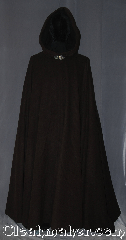 Cloak:3377, Cloak Style:Full Circle Cloak, Cloak Color:Heathered Chocolate Brown, Fiber / Weave:80% Wool / 20% Nylon, Cloak Clasp:Triple Medallion, Hood Lining:Unlined dark brown interior double sided fabric, Back Length:58", Neck Length:24", Seasons:Southern Winter, Fall, Spring, Note:A heathered chocolate brown with<br>a lovely dark interior for a classic look.<br>The full circle cloak is made of a Wool blend<br>with a silvertone triple medallion<br>hook and eye clasp<br>Dry clean only..