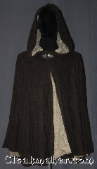 Cloak:3375, Cloak Style:Full Circle Cloak Short, Cloak Color:Brown, Taupe, Fiber / Weave:100% Polyester Fleece, Cloak Clasp:Triple Medallion, Hood Lining:Unlined taupe shearling interior double sided fabric, Back Length:45", Neck Length:20", Seasons:Fall, Spring, Note:Warm and soft this fleece cloak<br>is dark brown with a lovely taupe<br>shearling interior with a<br>silvertone vale hook and eye clasp<br>Machine washable.