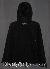 Cloak:3381, Cloak Style:Shaped Shoulder-Short Cloak, Cloak Color:Black, Fiber / Weave:100% Polyester Fleece Windpro, Cloak Clasp:Triple Medallion, Hood Lining:Unlined matching shearling interior<br>double sided fabric, Back Length:30", Neck Length:22", Seasons:Fall, Spring, Southern Winter, Winter, Note:Warm and soft this fleece cloak is<br>black throughout with a  soft shearling interior <br>and silvertone triple medallion<br>hook and eye clasp<br>Machine washable.