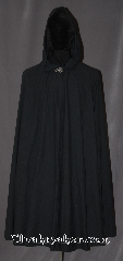 Cloak:3396, Cloak Style:Full Circle Cloak, Cloak Color:Ink Black, Fiber / Weave:Cotton polyester blend Flannel, Cloak Clasp:Vale, Hood Lining:Unlined, Back Length:43", Neck Length:19.5", Seasons:Spring, Fall, Summer, Note:Easy care polyester cotton flannel makes this<br>cloak an easy and elegant choice for a little<br>extra warmth on a cold evening.<br>Great for a day at the Renaissance Fair<br>or a weekend LARP.<br>Machine washable cold gentle, tumble dry low.<br>Throw it on and go!.