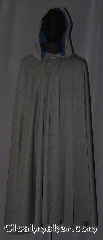 Cloak:3412, Cloak Style:Full Circle Cloak, Cloak Color:Grey heathered, Fiber / Weave:Rayon Lycra, Cloak Clasp:Vale, Hood Lining:Dusty Cobalt moleskin, Back Length:49", Neck Length:22", Seasons:Fall, Spring, Note:Lightweight and easy care,<br>in a heathered grey<br>this full circlecloak  is a great piece<br>of spring/fall outerwear.<br>Made with a rayon lycra suiting that is<br>cool to the touch with a fun bounce and drape.<br>The hood is lined in a dusty cobalt blue moleskin<br>with a Vale hook and eye closure.<br>The ease of care makes this cloak<br>a great accessory for everyday wear,<br> LARP or Renaissance Fair.<br>The cloak is machine washable, so throw it on<br>whenever you need some extra warmth..