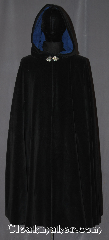 Cloak:3417, Cloak Style:Full Circle Cloak, Cloak Color:Black, Fiber / Weave:Cotton Velveteen, Cloak Clasp:Triple Medallion, Hood Lining:Steel Blue moleskin, Back Length:46", Neck Length:23", Seasons:Southern Winter, Fall, Spring, Note:A versatile and classic black<br>full circle velvet cloak<br>is ideal for cool weather outings<br>and snuggling in the evenings.<br>Made from a machine washable<br>cotton velveteen.<br>This cloak has a basic triple medallion<br>clasp and steel blue moleskin hood lining..