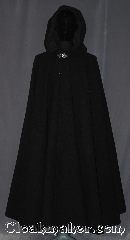 Cloak:3430, Cloak Style:Full Circle Cloak, Cloak Color:Ink Black, Fiber / Weave:80% Wool / 20% Nylon, Cloak Clasp:Triple Medallion, Hood Lining:Black Cotton Velveteen, Back Length:57", Neck Length:23.5", Seasons:Winter, Southern Winter, Fall, Spring, Note:A versatile and classic ink black<br>full circle cloak is ideal for winter outings<br>and snuggling in the evenings.<br>Made from a wool blend  melton.<br>This cloak has a basic triple medallion clasp<br>and black cotton velveteen hood lining.<br>Spot or dry clean only.