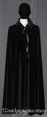 Cloak:3464, Cloak Style:Full Circle Cloak<br>(Drosselmeyer), Cloak Color:Black, Fiber / Weave:Stretch Velvet, Cloak Clasp:Ties, Hood Lining:N/A Black collar, Back Length:53.5", Neck Length:24", Seasons:Fall, Spring, Note:Designed with Uncle Drosselmeyer<br>in mind this collared velvet cloak has<br>a theatrical drape / bounce with a<br>high victorian collar and ribbon closure.<br>The hidden interior straps allow for<br>acrobatic movements with no slip.<br>The straps can be crossed in front or back<br>to show off your moves or inside outfit.<br>Machine washable<br>Can be hemmed to height..