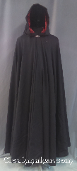 Cloak:3523, Cloak Style:Full Circle Cloak, Cloak Color:Black, Fiber / Weave:Wool blend suiting, Cloak Clasp:Vale, Hood Lining:Dark Red Velvet, Back Length:56", Neck Length:19", Seasons:Summer, Fall, Spring, Note:A classic black full circle cloak<br>with a dark red velvet hood lining.<br>The final touch on this functional<br>and elegant cloak is a<br>pewter vale hook and eye clasp.<br>Hand wash or dry clean lay flat..