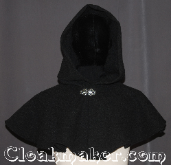 Cloak:3555, Cloak Style:Full Circle Cloak<br>Short Capelet, Cloak Color:Grey Heathered, Fiber / Weave:80% Wool<br>20% Nylon, Cloak Clasp:Vale, Hood Lining:Unlined, Back Length:14.5", Neck Length:21", Seasons:Winter, Southern Winter, Fall, Spring, Note:A perfect starter cloak for an adult or child.<br>A short capelet made from a heathered<br>grey wool blend adorned with a<br>classic vale hook-and-eye clasp.<br>Can be warn in top of another cloak<br>for a victorian look.<br>Spot or Dry Clean Only..