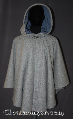 Cloak:3562, Cloak Style:Ruana, Cloak Color:Cadet Grey Heathered, Fiber / Weave:80% Wool Melton<br>20% Nylon, Cloak Clasp:Vale, Hood Lining:Steel Blue Velveteen, Back Length:33" back<br>26.5" side, Neck Length:20", Seasons:Winter, Southern Winter, Fall, Spring, Note:A warm classic heathered grey ruana<br>cloak that will keep you warm and<br>dry on chilly nights.<br>This dense cloak has a steel blue<br>velveteen hood lining for extra comfort.<br>A cross between a cape and a cloak,<br>a ruana is a great way to keep warm<br>while frequent, unhindered use of<br>your arms is needed.<br>With an overarm of 26.5" and<br>makes a great driving cloak!<br> The final touch on this functional and<br>elegant cloak is a classic vale clasp.<br>Machine washable.