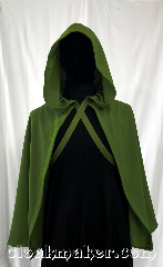 Cloak:3583, Cloak Style:Full Circle Cloak, Cloak Color:Moss Green, Fiber / Weave:Polyester, Cloak Clasp:Ties, Hood Lining:Unlined, Back Length:32", Neck Length:17", Seasons:Spring, Fall, Note:A light weight Hobbit cloak,<br>or knight's cloak, designed to<br>show-off what's underneath,<br>whether that be a suit of armor<br>or a beautiful gown..