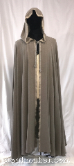 Cloak:3591, Cloak Style:Full Circle Cloak, Cloak Color:Tan Grey, Fiber / Weave:100% Wool, Cloak Clasp:Ties, Hood Lining:Unlined, Back Length:47", Neck Length:25", Seasons:Spring, Summer, Fall, Note:Long pointed hood and unfinished edges<br>for Dystopian wasteland activities..