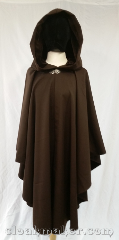 Cloak:3610, Cloak Style:Ruana, Cloak Color:Deep Brown, Fiber / Weave:100% wool gabardine, Cloak Clasp:Vale, Hood Lining:Brown Velvet, Back Length:44", Neck Length:22", Seasons:Spring, Fall, Note:Deep brown gabardine wool<br>complimented with a deep brown<br>velvet hood lining.<br>This is a romantic ruana style cloak,<br>shorter on the sides for you to use<br>your sword, or drive to the club.<br>100% wool requires dry cleaning..