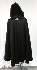 Cloak:3617, Cloak Style:Shape Shoulder Cloak, Cloak Color:Black, Fiber / Weave:80% wool,<br> 20% nylon, Cloak Clasp:Triple Medallion, Hood Lining:Unlined, Back Length:42", Neck Length:20", Seasons:Winter, Southern Winter, Spring, Fall, Note:Heavy black wool to keep you<br>toasty warm on a chilly autumn<br>morn, while you hike through the<br>heather to your favorite spot.<br>Or, just stroll to the corner for a<br>mochachino latte.<br>Dry clean only, but heavy enough<br>that a good brushing will keep this<br>cloak looking great for years..