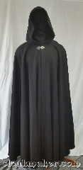 Cloak:3623, Cloak Style:Full Circle Cloak, Cloak Color:Black, Fiber / Weave:80% wool<br>20% nylon, Cloak Clasp:Triple Medallion, Hood Lining:Black Polyester Velvet, Back Length:50", Neck Length:25", Seasons:Southern Winter, Winter, Fall, Spring, Note:This full circle cloak is a dark black<br>color with a black polyester<br>velvet hood lining.<br>An excellent way to keep warm<br>during the cold months.<br>Dry clean only..