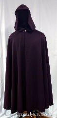 Cloak:3630, Cloak Style:Full Circle Cloak, Cloak Color:Aubergine Purple, Fiber / Weave:Wool Suiting, Cloak Clasp:Vale, Hood Lining:Black Polyester Moleskin, Back Length:51", Neck Length:21", Seasons:Summer, Spring, Fall, Note:Light weight, worsted wool suiting cloak<br>with an eggplant purple color and<br>a black polyester moleskin hood lining..