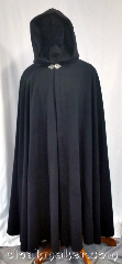 Cloak:3631, Cloak Style:Full Circle Cloak, Cloak Color:Black, Fiber / Weave:100% Wool, Cloak Clasp:Triple Medallion, Hood Lining:Black Polyester Moleskin, Back Length:56", Neck Length:25.5", Seasons:Southern Winter, Spring, Fall, Note:This full circle cloak is perfect<br>for adding just a touch of<br>drama and elegance.<br>Made of soft, breathable 100% wool<br>with a black polyester moleskin hood<br>lining, and finished with a pewter clasp.<br>Dry clean only..