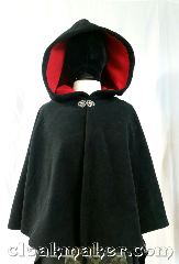 Cloak:3641, Cloak Style:Full Circle Cloak, Cloak Color:Black, Fiber / Weave:wind block fleece, Cloak Clasp:Vale, Hood Lining:self lining red, Back Length:23", Neck Length:22", Seasons:Southern Winter, Spring, Fall, Note:This is a black colored full circle cloak,<br>it is self lined with cherry red.<br>Wind blocking fleece material,<br>machine wash cold using mild detergent<br>and tumble dry on low..