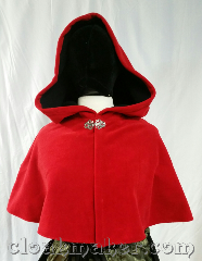 Cloak:3645, Cloak Style:Shaped Shoulder Cloak, Cloak Color:Cherry Red, Fiber / Weave:Windblock Fleece, Cloak Clasp:Vale, Hood Lining:Red Self Lining, Back Length:15", Neck Length:22", Seasons:Southern Winter, Spring, Fall, Note:This is a cherry red colored shaped<br>shoulder cloak, it is self lined with black.<br>Wind blocking fleece material,<br>machine wash cold using mild<br>detergent and tumble dry on low.<br>It is marked down because the<br>seams have extra stitching..
