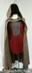 Cloak:3650, Cloak Style:Half Circle, Cloak Color:Greige, Fiber / Weave:100% wool, Cloak Clasp:Buttons, Hood Lining:Unlined, Back Length:51", Neck Length:23", Seasons:Spring, Fall, Note:Hobbit style half circle cloak with buttons.<br>It is a greyish beige color.<br>100% wool, dry clean only.<br>Pictured on tunic J561<br>tunic sold separately..